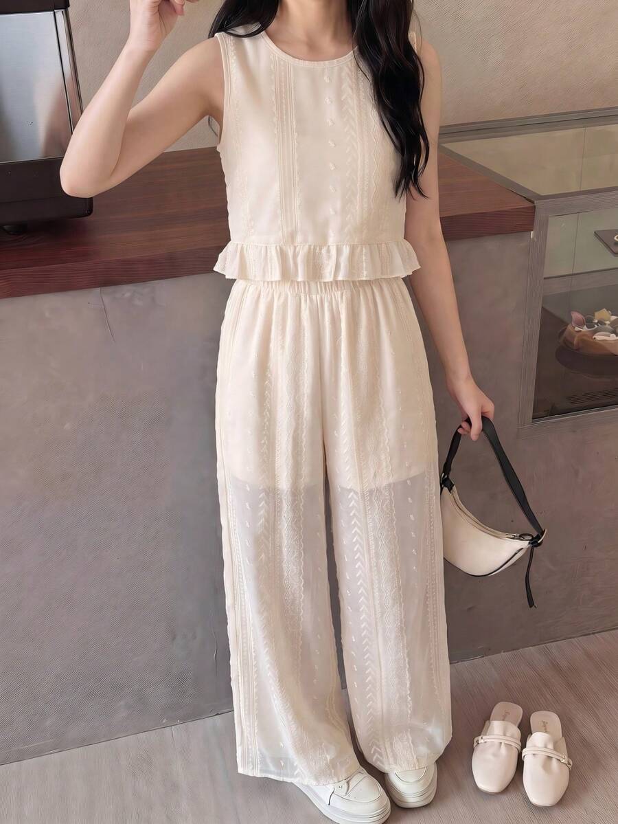 Vihyde Bộ 2 món cho bé gái tween gồm áo tank top ren thêu rỗng đính nơ trang trí và quần dài ren xuyên thấu nhẹ - Màu be - Xem 1