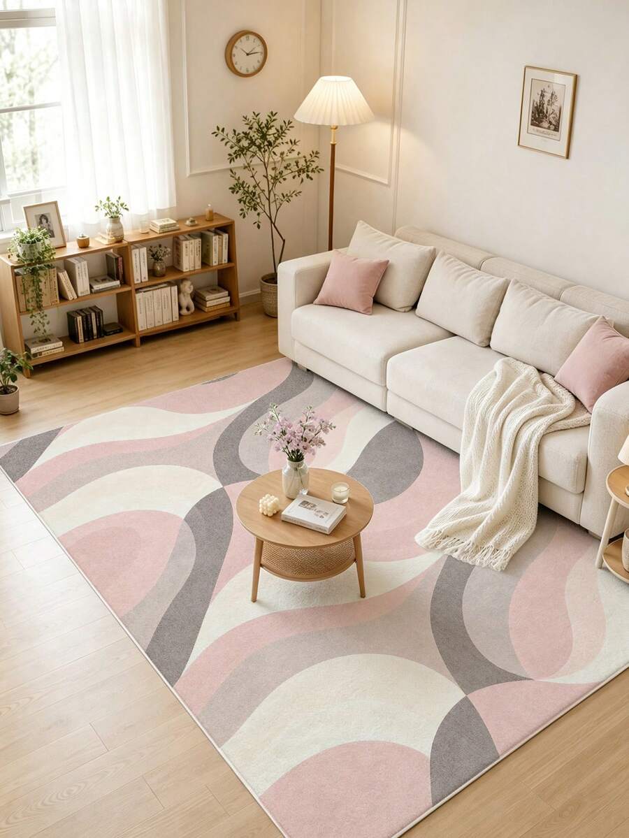 1pc Pink & Grey Color Block Modern Minimalist Wave Pattern Faux Cashmere Living Room Rug, Soft Non-Slip Wear-Resistant, Suitable For Living Room, Bedroom Decor, Office, Non-Slip Door Mat, Bathroom, Hallway, Study Area Rug - Pink - View 1