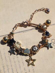 1pc Heart Lock & Key Charm Bracelet, Dark Gothic Star Bracelet, Star Heart Bracelet - Gold - View 5