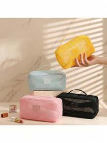 1pc Large Capacity Mesh Handheld Toiletry Bag, Minimalist Solid Color Travel Portable Cosmetic Organizer With Multiple Compartments - Multicolor - View 11