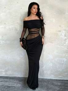 Vestido ceñido largo con hombros descubiertos, de malla y calados, de unicolor, para mujer de talla grande, sexy y elegante para otoño - Negro - Ver 2