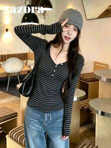 Korean Style Button Half-Open V-Neck Striped Colorblock Long Sleeve T-Shirt Autumn Clothing - Black - View 1
