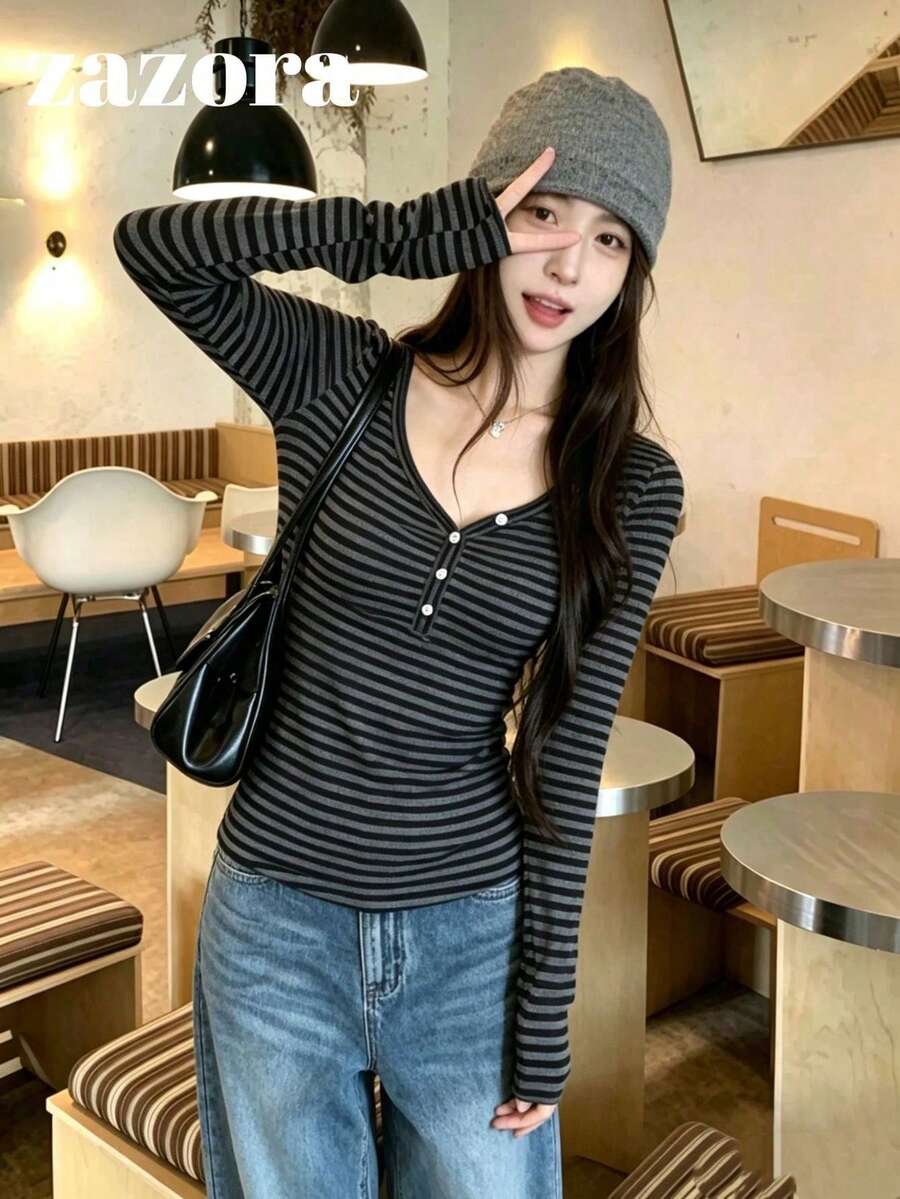 Korean Style Button Half-Open V-Neck Striped Colorblock Long Sleeve T-Shirt Autumn Clothing - Black - View 1