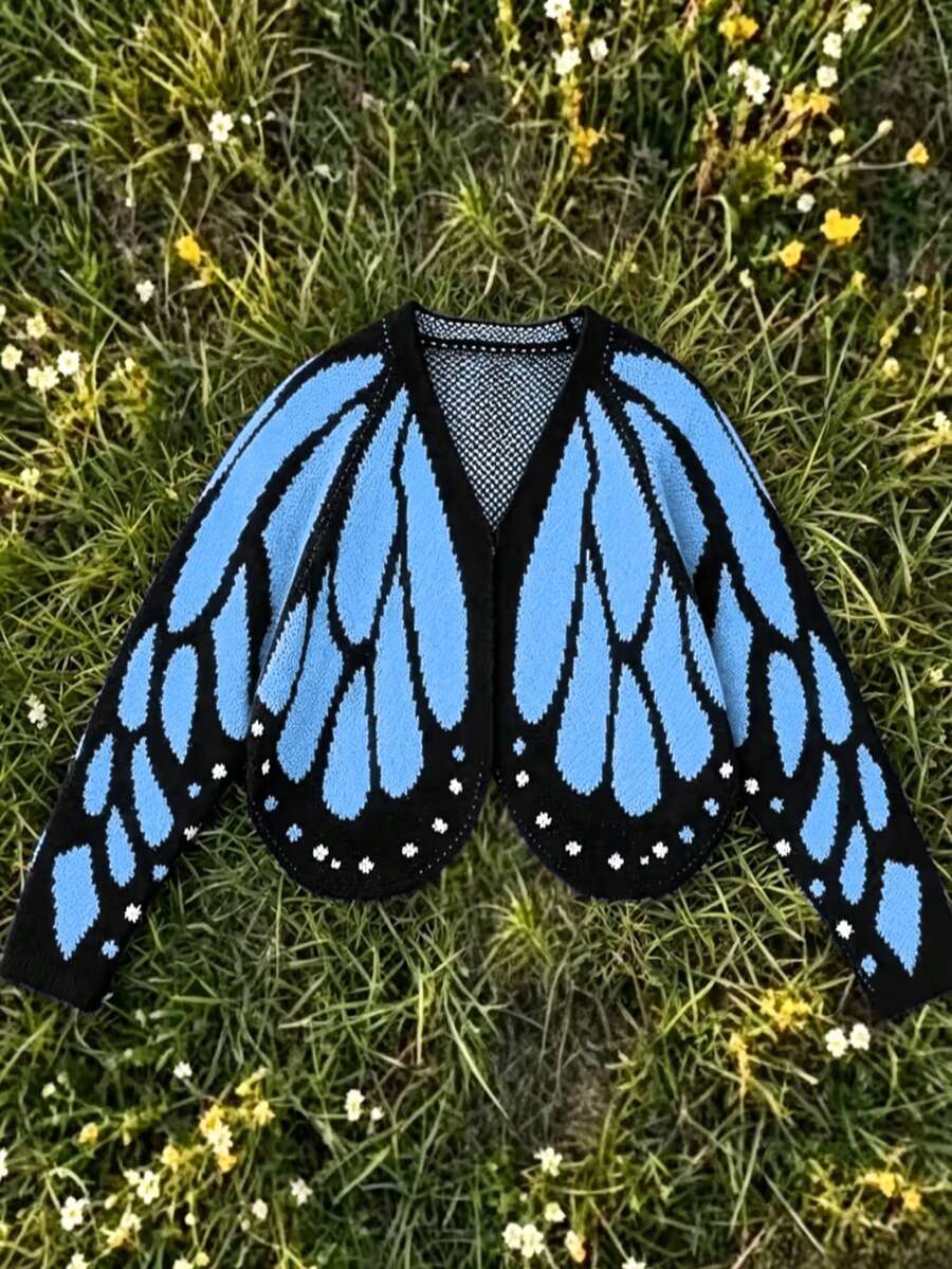 Cardigan Rajut Lengan Panjang Leher V Motif Kupu-kupu Ukuran Besar untuk Wanita, Jaket Sweater Pendek Warna Kontras Hitam & Biru, Pakaian Musim Gugur - Biru muda - View 1