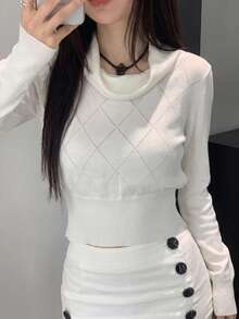 Autumn/Winter New Ruched Cowl Neck Diamond Pattern Knit Waist-Cinching Slimming Inner Layer Cropped Top - White - View 6