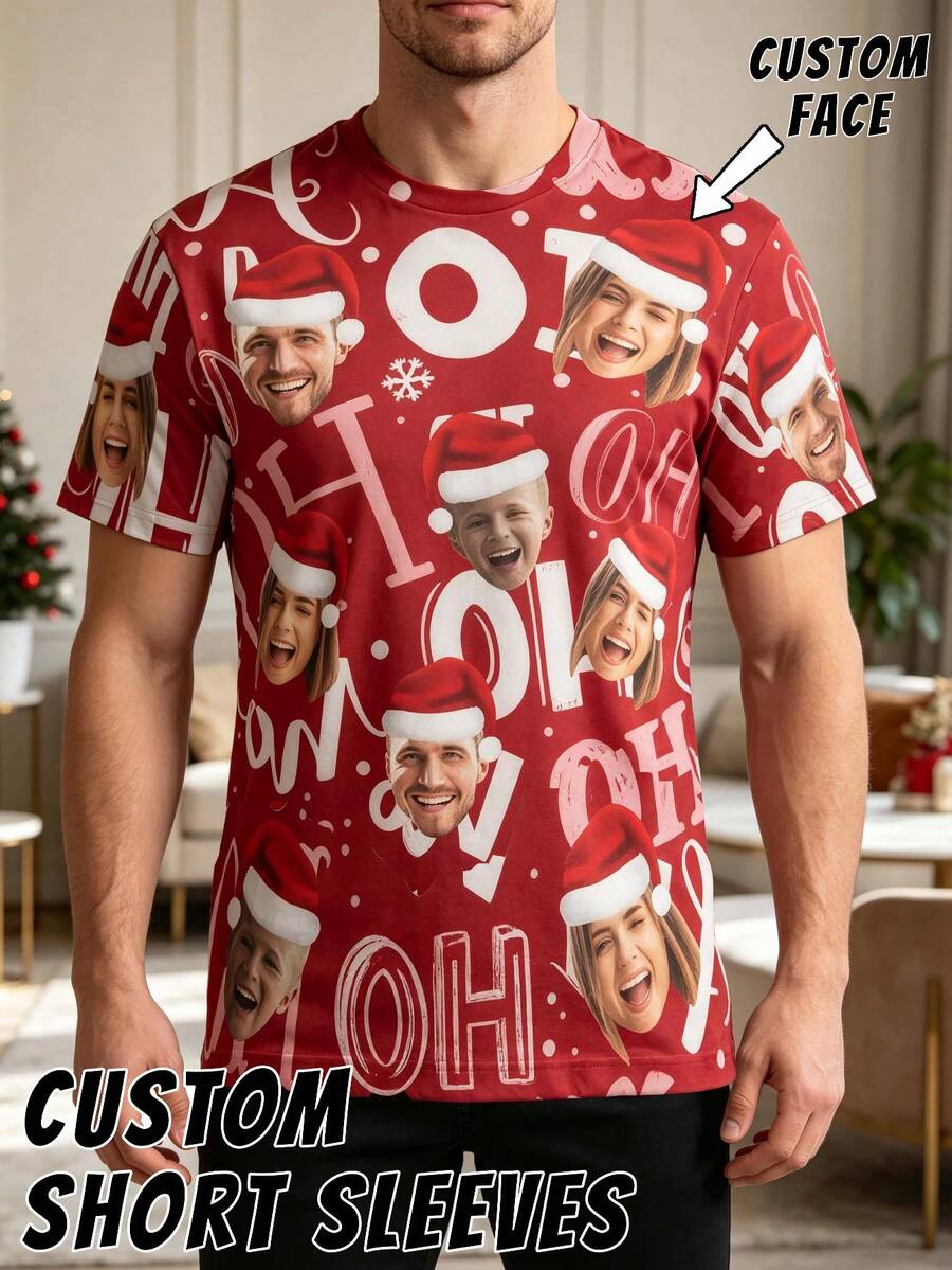 1pc Unisex Customized Multi-Photo Red Ho Ho Ho Letter Snowflake T-Shirt, Personalized Short Sleeve Top, Casual Holiday Outfit Gift - Multicolor - View 1