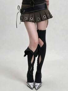 STAR RIVER Japanese Vintage Y2K Hollow Turn Collar Metal Button Over Knee Socks, Gothic Lace Trim Long Tube Socks Ins - Multicolor - View 4