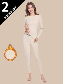 2pcs/Set Women's Thermal Underwear Set, Round Neck Top + Pants, Winter Base Layer Thermal Top And Leggings - Beige - View 1