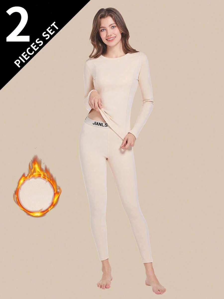 2pcs/Set Women's Thermal Underwear Set, Round Neck Top + Pants, Winter Base Layer Thermal Top And Leggings - Beige - View 1