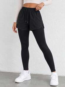 Women's 2-In-1 Sports Leggings With Shorts Layer, High Waist Drawstring, Black Full Length Active Pants. - Black - View 9