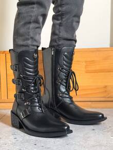 ZCZ Mid‑Calf Knight Boots With Multi‑Buckle Decor, Lace‑Up Side Zipper Chunky Heel Western Style Boots - Black - View 9