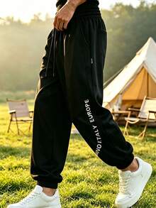 1pc Men's Thin Breathable Mesh Jogger Pants, Printed Loose Casual Long Pants - Black - View 11