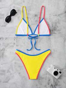 Women's Elegant Yellow & Pink Bikini Set, Sexy Spaghetti Strap Swimsuit - Multicolor - View 3