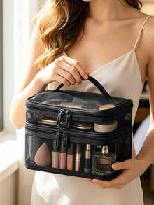 Mesh Makeup And Grooming Storage Bag, Paired With The Same Mesh Portable Storage Bag, Double-Layer Large-Capacity Transparent Toiletry Storage Bag, Portable Cosmetic Organizer With Compartments, Travel And Business Trip Toiletry Storage Pouch - Multicolor - View 3