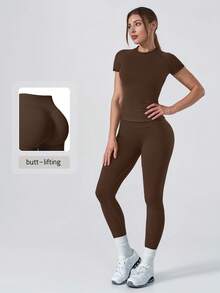 NcmRyu Women's One Set Solid Color Ribbed Seamless Crew Neck Short Sleeve Soft High Waist Ruched Athletic Tight Long Pants Set - Mocha Brown - View 11