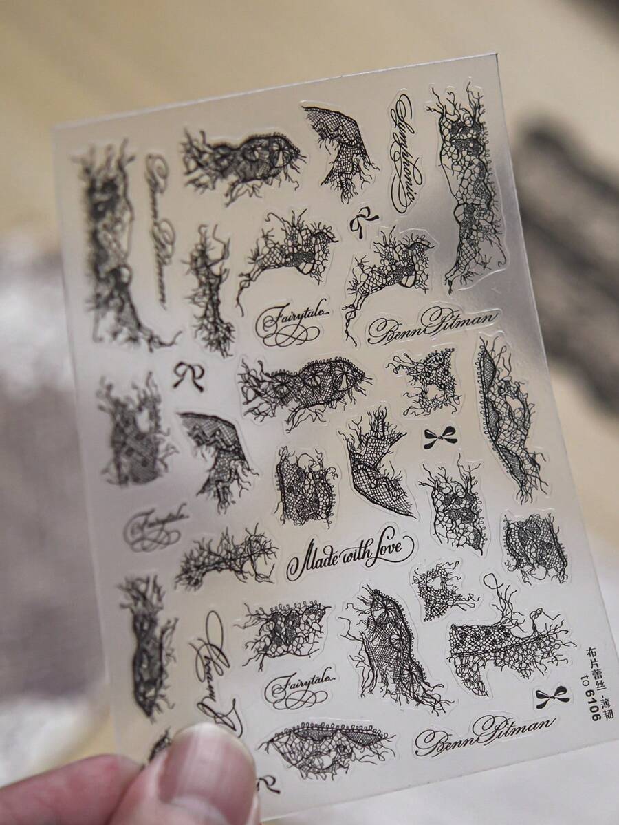 1 Stiker Hiasan Kuku Renda Hitam Timbul 3D, Pita Renda Robek Retro, Tulisan Kursif, Stiker Kuku Perekat, Dekorasi Seni Kuku Gotik