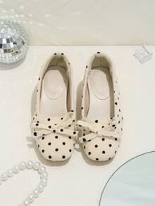 Girls' Gentle & Playful Black Polka Dot Bow Apricot High Heel Pumps, Square Toe Shallow Cut Design, Suitable For Birthday Parties, Spring/Autumn Outfits - Apricot - View 5