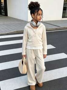 2pcs/Set Girls Casual Solid Color Patchwork Long Sleeve Hooded Lightweight Fabric 2-In-1 Sweatshirt & Solid Color Versatile Loose Pants Outdoor Outfit Spring/Autumn - Multicolor - View 1