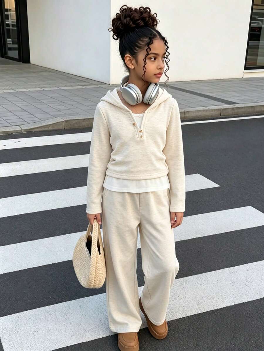 2pcs/Set Girls Casual Solid Color Patchwork Long Sleeve Hooded Lightweight Fabric 2-In-1 Sweatshirt & Solid Color Versatile Loose Pants Outdoor Outfit Spring/Autumn - Multicolor - View 1