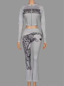 Autumn Streetwear Grey Graphic Outfits For Women Concert Outfits Two Pieces Set Long Sleeve Leopard Print Hoodie Fashion Pant Set For Women - Grey - View 6