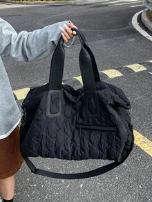 Dedoo 女款黑色絎縫圓筒包，聚酯纖維，大容量旅行與健身用肩背包 - 黑色 - 查看 5