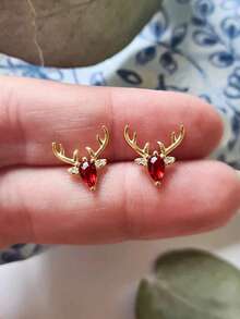 1 Pair Cute Cubic Zirconia Stud Earrings For Women, Wedding Engagement Party Jewelry, Christmas Gift - Gold + Red - View 1