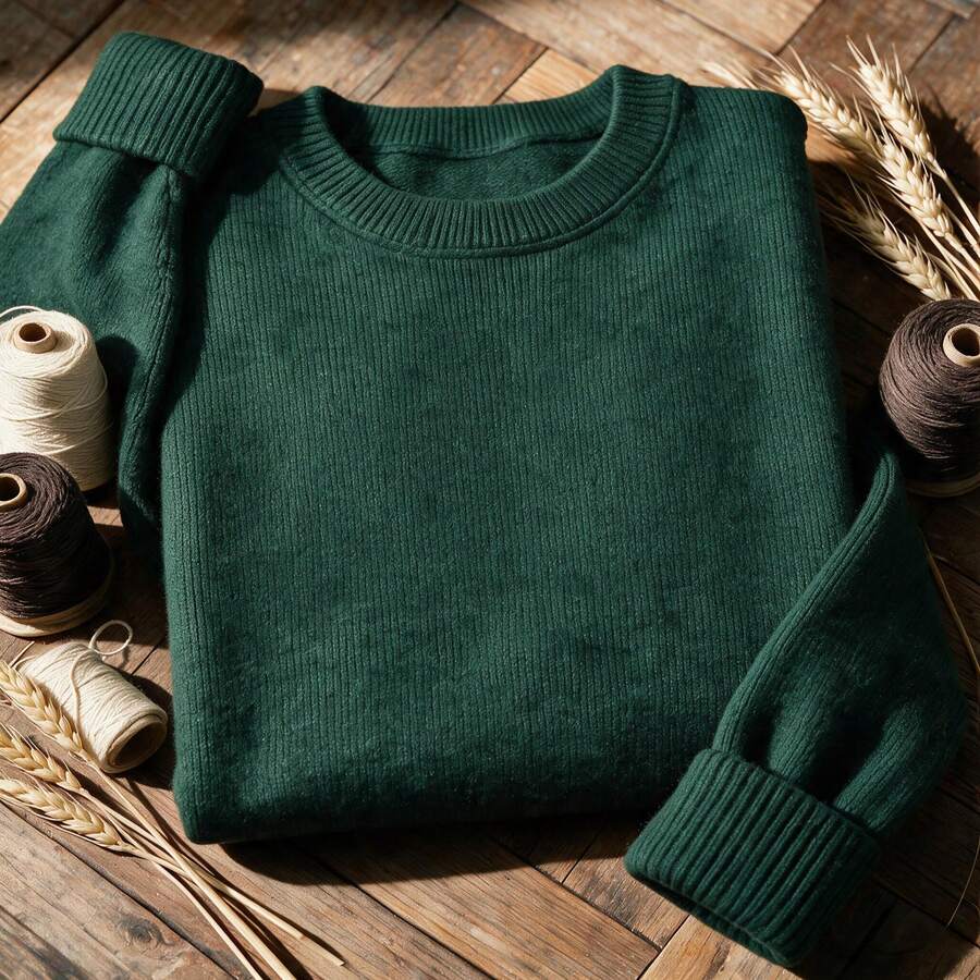 Women's Long-Sleeved Casual Top, Casual Vacation Plain-Collared Top - No Patterns, No Prints, Comfortable And Warm Knitted Imitation Sweater