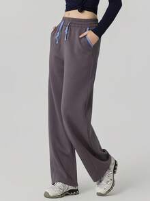 Leorrey 1pc Women's Fashion Contrast Color Ribbed Elastic Waist Drawstring Dual Side Pockets Sports Long Pants - Dark Grey - View 2