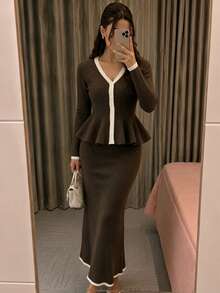 Women's French Contrast Trim Ribbed Knit Set, V Neck Peplum Cardigan & High Waist Midi Fishtail Skirt, Elegant Office Commuter Wear - Coffee Brown - View 1
