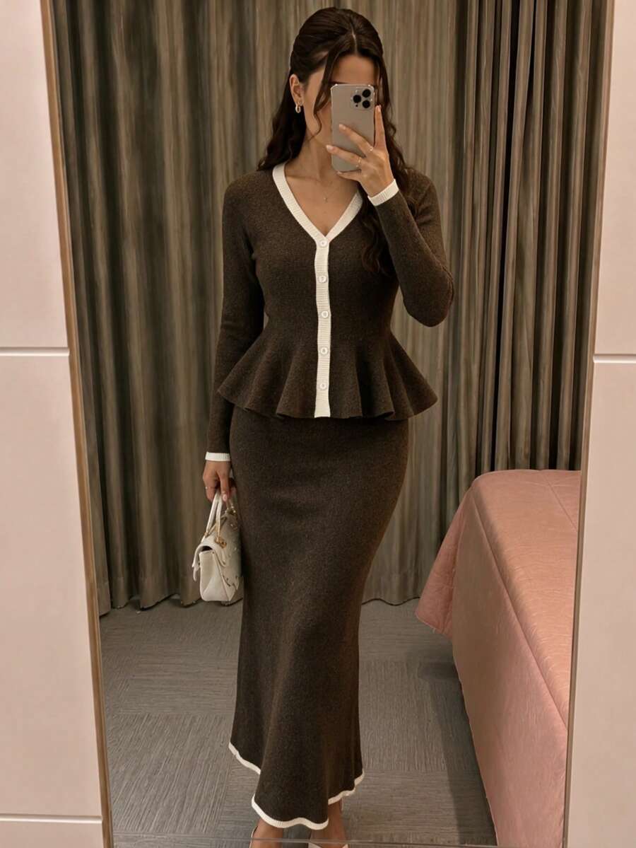 Women's French Contrast Trim Ribbed Knit Set, V Neck Peplum Cardigan & High Waist Midi Fishtail Skirt, Elegant Office Commuter Wear - Coffee Brown - View 1