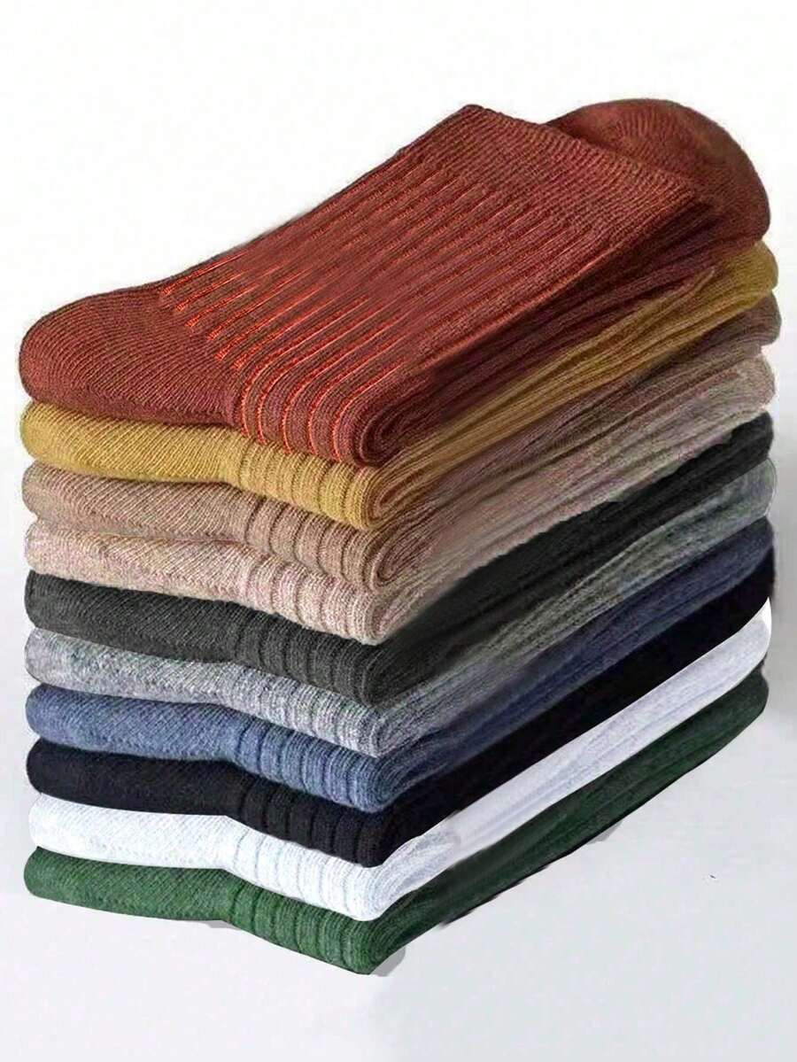 10 Pairs/Set Multi-Color Vertical Stripe & Caramel Couple Mid-Calf Socks, Size 42-46, 10 Colors, Suitable For Autumn/Winter Wear, 1 Pair, 6/14/20 Pairs - Multicolor - View 1
