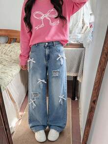 Tween Girl' Outfit Set, Bow Print Sweatshirt And American Sweet Cool Fashion Bow Ribbon Distressed Ripped Denim Jeans, Autumn/Winter Daily Fashion Outfit - Multicolor - View 10