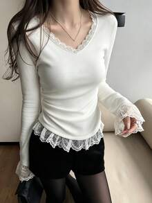 Women's Autumn/Winter White Lace Trim Slim Waist Design High Elastic Ribbed Long Sleeve V-Neck Slimming Casual T-Shirt - White - View 1