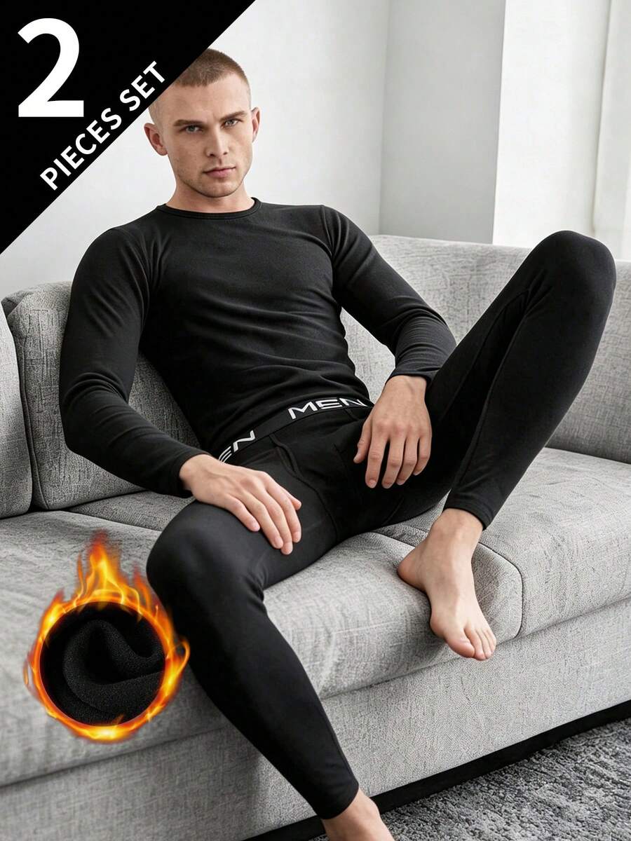 2pcs Men's Thermal Underwear Set, Autumn/Winter Long Sleeve Top + Pants, Adult Innerwear Set