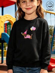 Cute Girls' Round Neck Sweatshirt, Printed With Cartoon Puppy, Balloon And Pink Polka Dot Pattern - Black - View 9