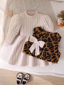 2pcs/Set Autumn Baby Girl Fashion Leopard Print Vest & Solid Color Dress Set, Apricot Long Sleeve Dress, Elegant Outdoor Vacation Spring Outfit - Apricot - View 1