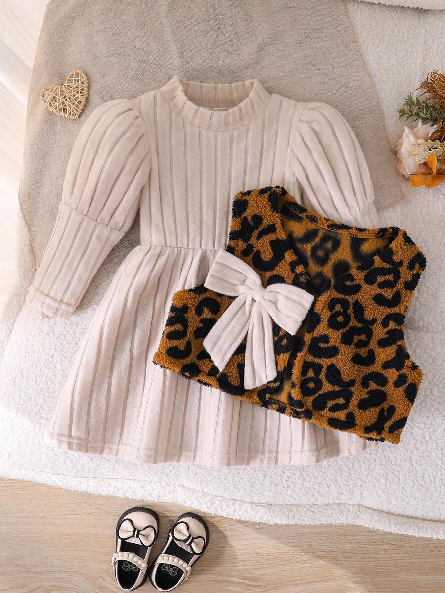 2pcs/Set Autumn Baby Girl Fashion Leopard Print Vest & Solid Color Dress Set, Apricot Long Sleeve Dress, Elegant Outdoor Vacation Spring Outfit - Apricot - View 1