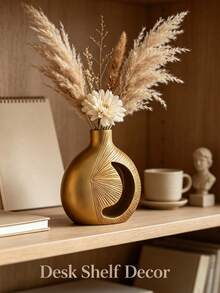 1 Golden Abstract Hollow Resin Vase, Radiating Textured Decorative Vase, Modern Bohemian Tabletop Home Decor, Suitable For Living Room, Hallway, Bedroom, And Dining Room Decoration, Perfect As A Housewarming Gift - Earthy Gold Moon Vase - View 3