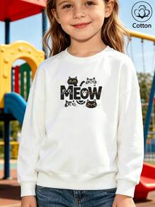 سويت شيرت أطفال بقصة واسعة وياقة دائرية، بطبعة قطة وكلمة "MEOW"، قطني، مناسب للارتداء اليومي في فصلي الربيع والخريف - أبيض - مشاهدة 1