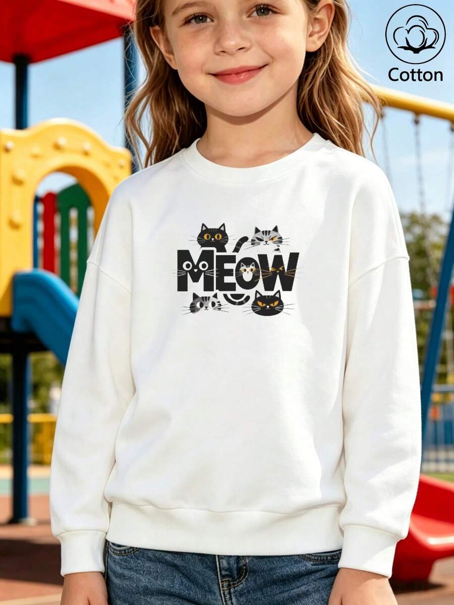 سويت شيرت أطفال بقصة واسعة وياقة دائرية، بطبعة قطة وكلمة "MEOW"، قطني، مناسب للارتداء اليومي في فصلي الربيع والخريف - أبيض - مشاهدة 1