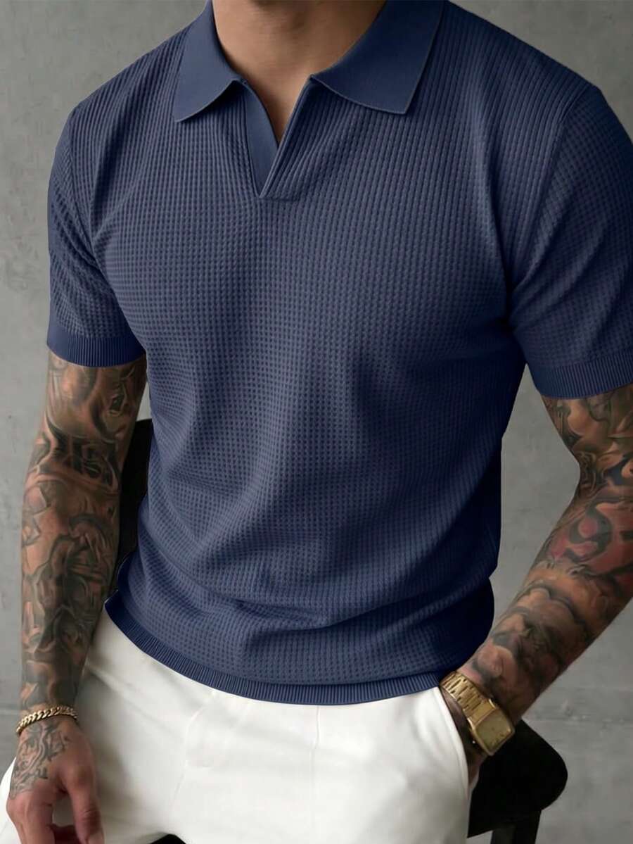 Men's Solid Color Waffle Knit Polo Shirt, Short Sleeve, Casual Top, Thin