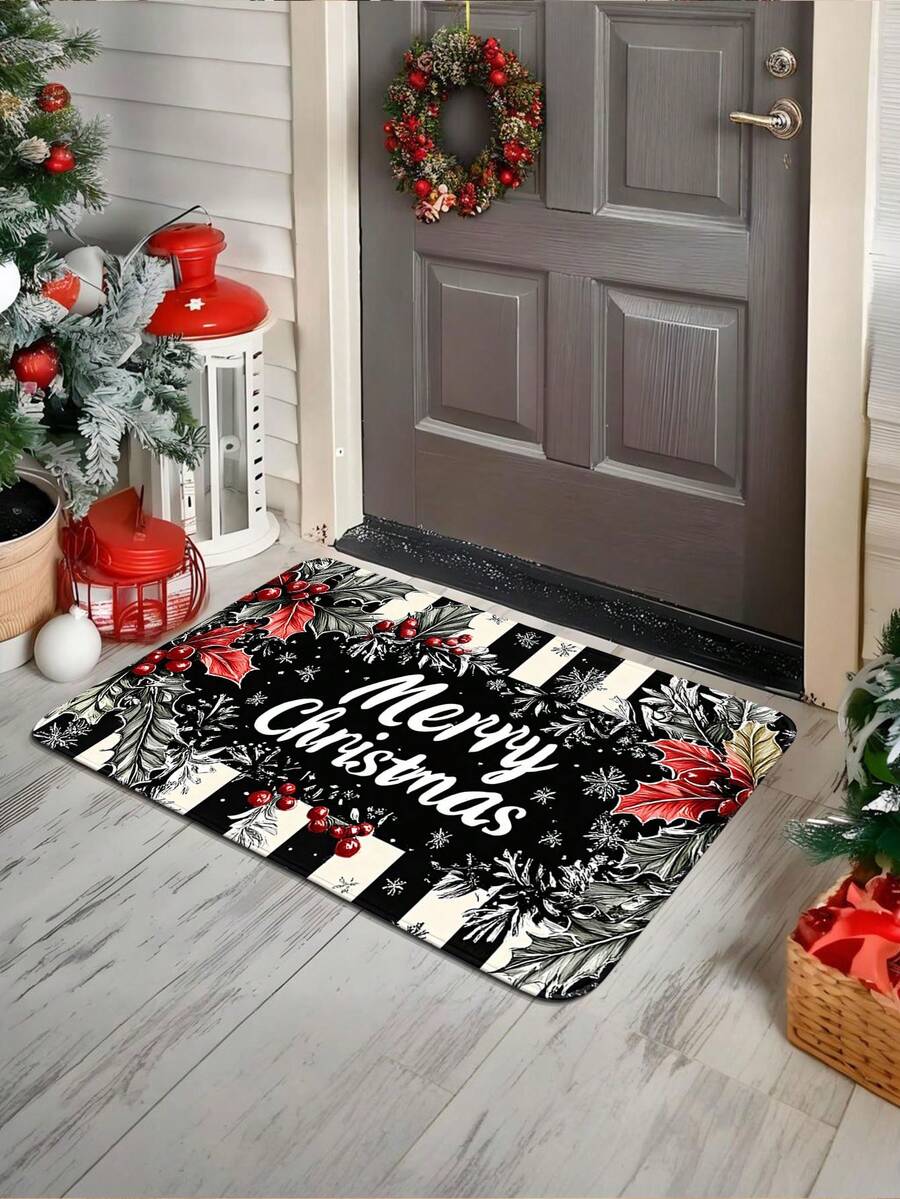 1pc Christmas Plaid Snowflake Holly Berry Pattern Welcome Doormat, Soft Comfortable Fabric Thick With Good Foot Feel Easy To Clean Washable, Foldable Easy Care Carpet Mat, Suitable For Indoor Doormat, Small Rug, Carpet, Mat, Outdoor Doormat, Kitchen Rug, Home Decor, Front Door Mat, Area Rug, Outdoor Mat, Christmas Home Decor Carpet, Christmas Holiday Gift - Multicolor - View 1