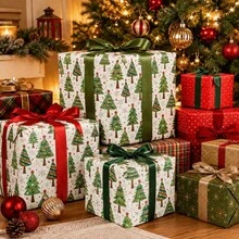 17in*9.8FT 白色聖誕禮物包裝紙,綠色聖誕樹與彩色雪花,適用於聖誕節、禮物包裝裝飾、冬季禮物包裝用品,白色禮物包裝紙,手工禮物包裝,捲裝 43cm*300cm - E - 查看 9