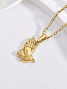 1pc Hip-Hop Style Plated Stainless Steel Hand Pendant Necklace With Box Chain, For Daily Wear - Gold - View 8