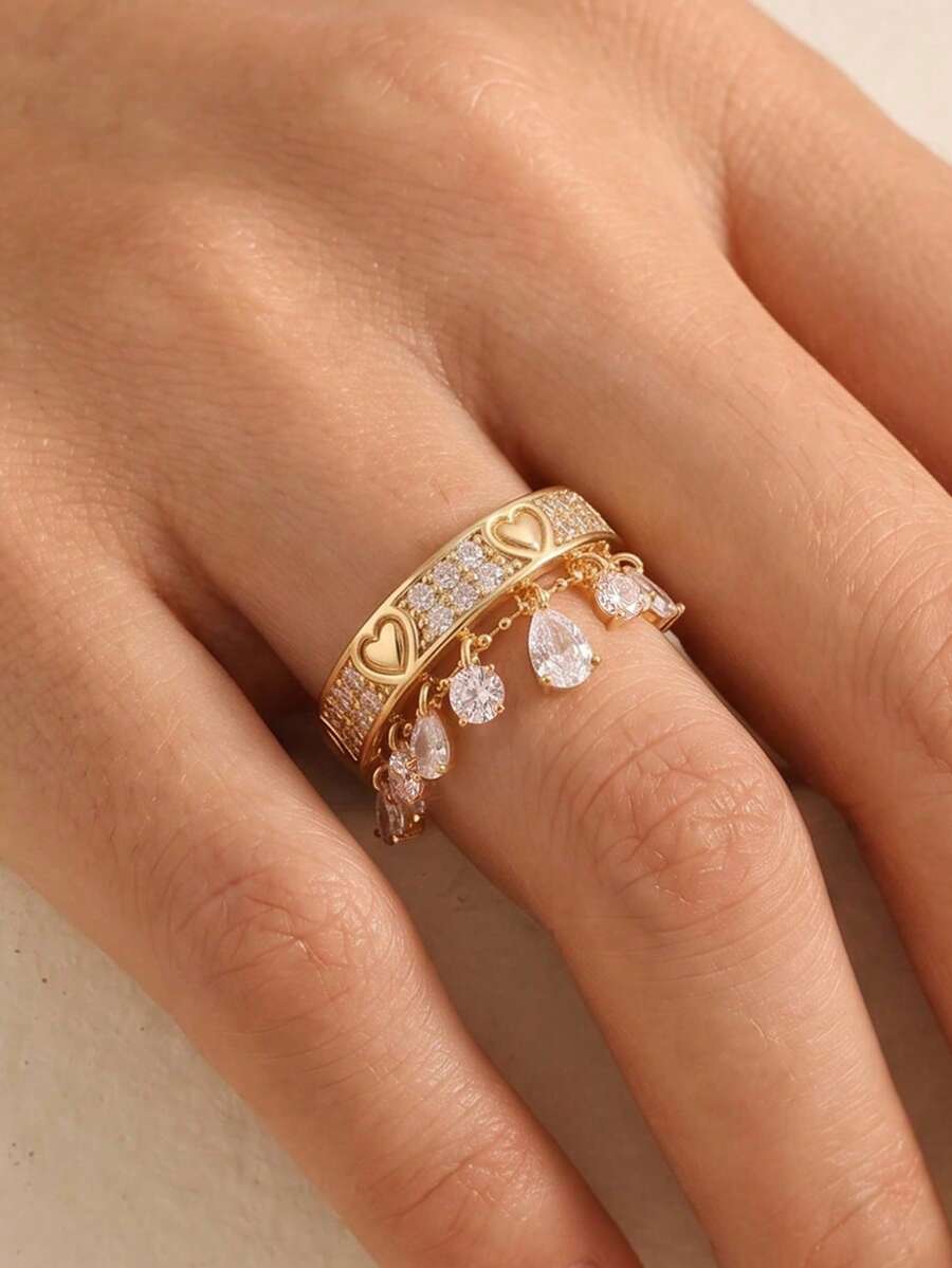 rakol 2pcs Fashion Galaxy Water Drop Heart Cube Cubic Zirconia Tassel Beaded Ring Set - Set 5 - View 1