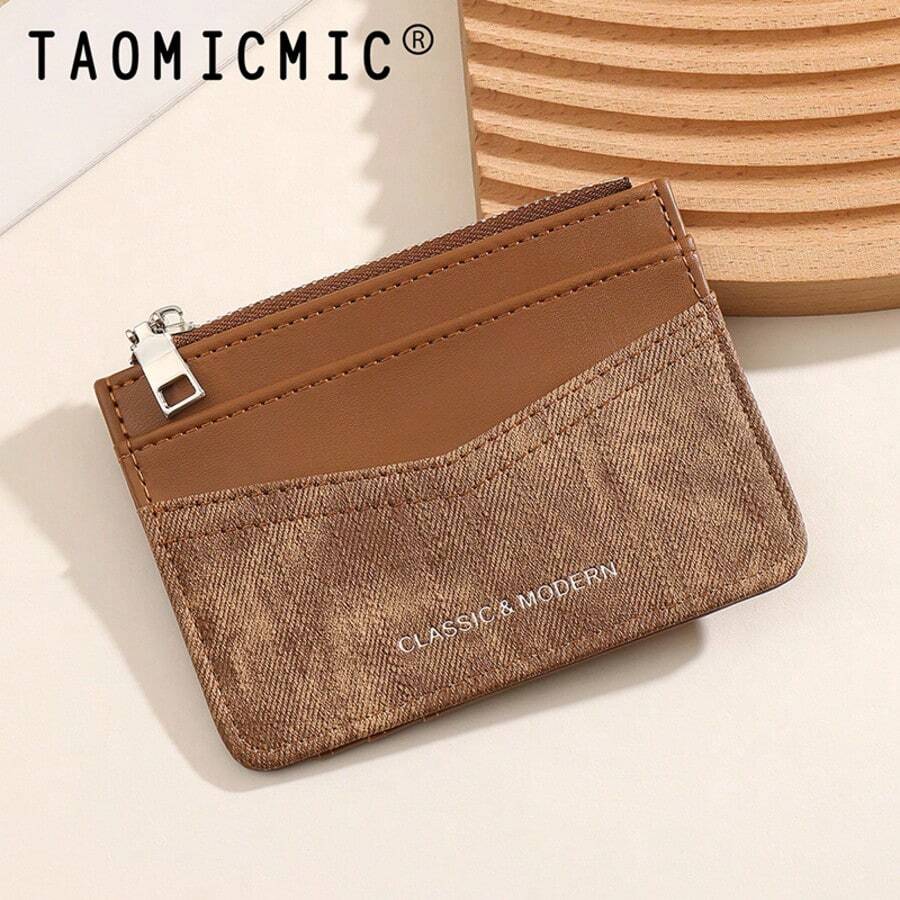 Women's Multi-Slot PU Card Holder, Ultra-Thin Portable Mini Wallet With Zipper Coin Pocket, Textured Patchwork Design, Suitable For Daily Use