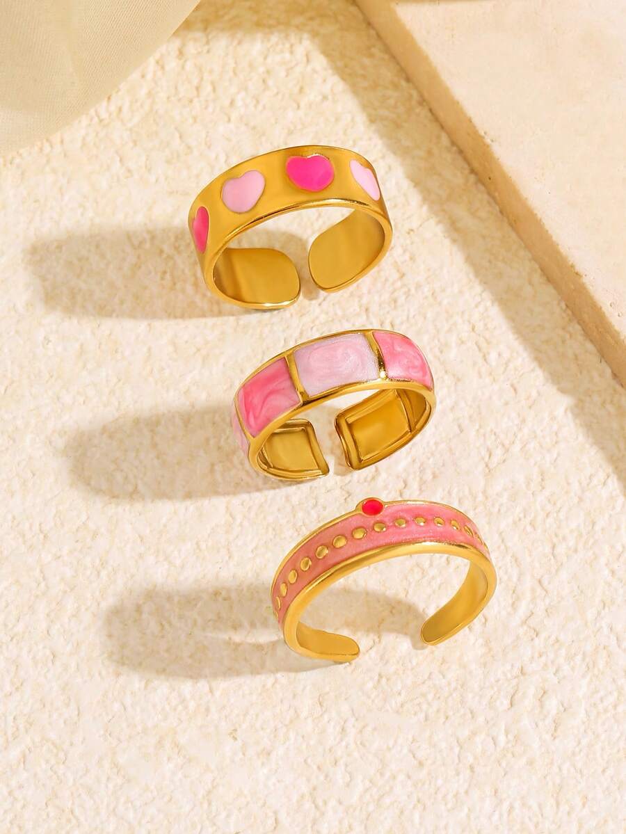 3pcs Stainless Steel Pink Personalized Elegant Geometric Bamboo Joint Heart Rings Set, Suitable For Women's Daily, Holiday, Date, Shopping Wear - Multicolor - View 1