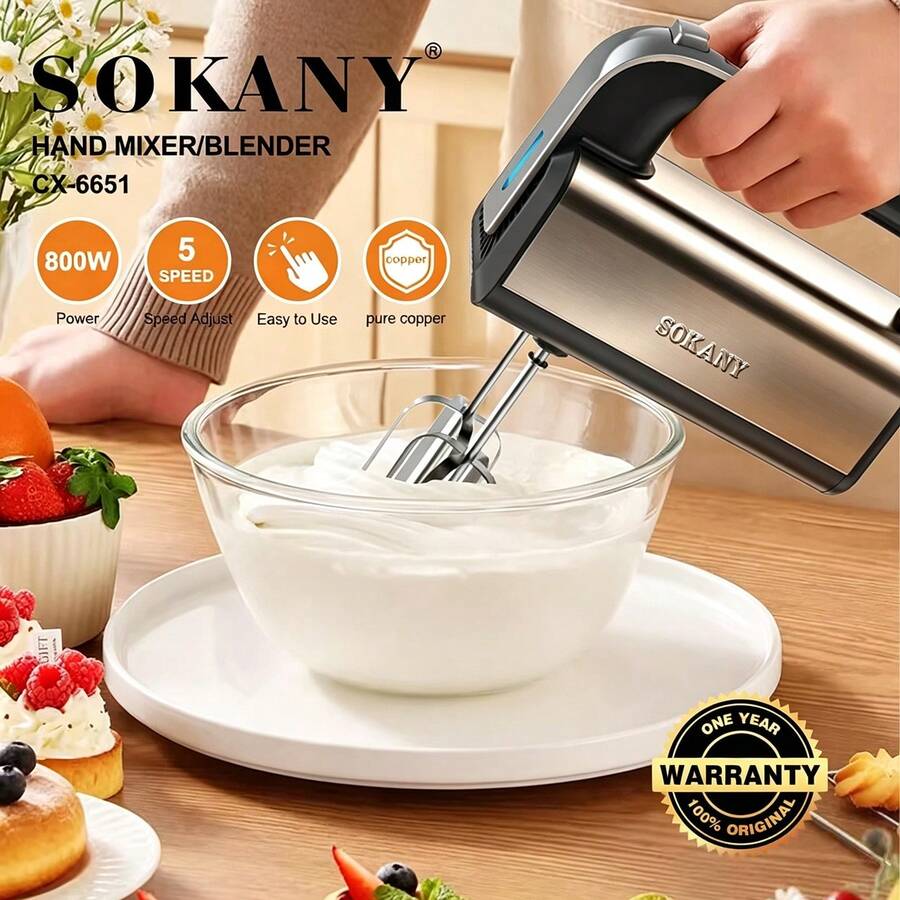 SOKANY6651 Multi-Function Hand Mixer And Beater, 800W High Power, Dual Beater Rods Multi-Purpose, Heat-Resistant Stainless Steel, 5-Speed Adjustable, Quickly Whip Cream And Egg Whites, Knead Dough, Essential Kitchen Baking Tool