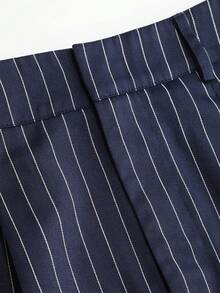 Women's Elegant Striped Pleated Pocket Long Pants For Office And Commute - Navy Blue - View 3