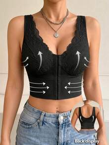 Women's Lace Deep V-Neck Front Button Shaping Top, Wire-Free Bra Crop Camisole, Tummy Control Mesh, Essential Autumn Base Layer Tank - Black - View 2